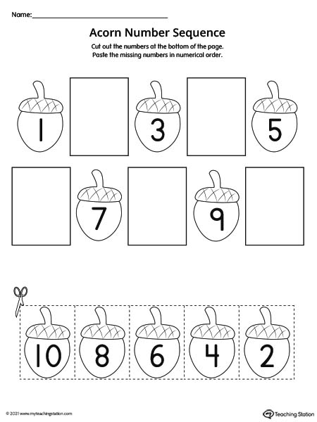 Number sequence 1-10 cut and paste printable worksheet. Featuring acorn pictures.