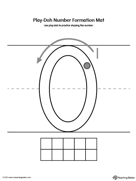 Play-Doh number formation printable mat. Featuring number zero. Preschool and kindergarten teaching resources.