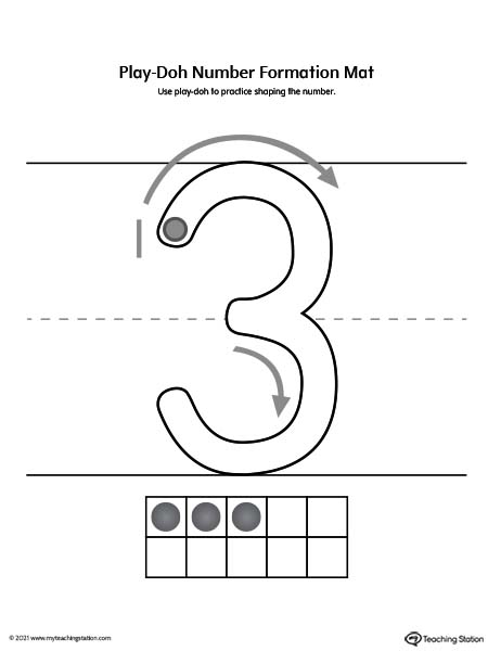 Play-Doh number formation printable mat. Featuring number three. Preschool and kindergarten teaching resources.