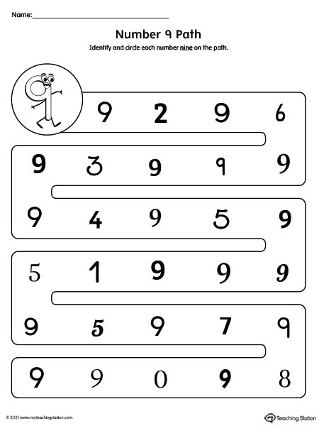 Practice the different forms of the number 9 with this printable worksheet.