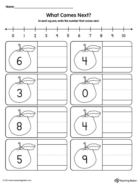 Number sequence preschool printable worksheets. Identifying number sequence 1 through 11.