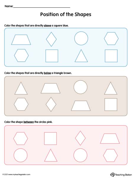 Kindergarten positional words worksheet. Help kids learn the position of a shape compared to another shape. Words included: above, below, and between.