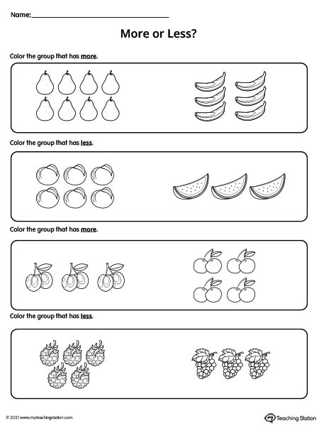Practice the concept of more vs less in this printable worksheet.