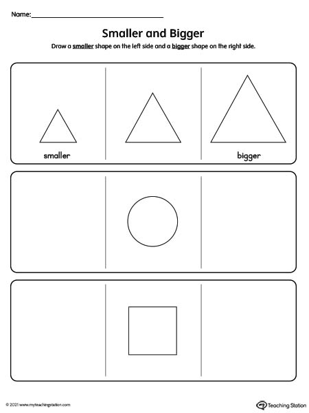 Practice drawing shapes while learning the concept of "smaller" and "bigger" in this printable worksheet.