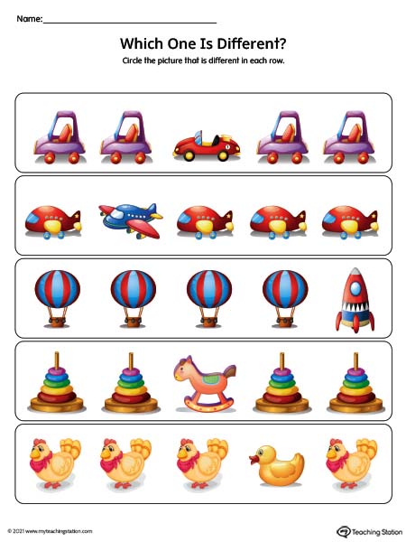 Preschool and kindergarten which one is different (different and same) printable pdf worksheets featuring colorful pictures.