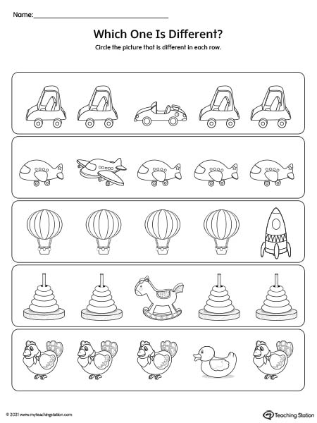 Preschool and kindergarten which one is different (different and same) printable pdf worksheets.