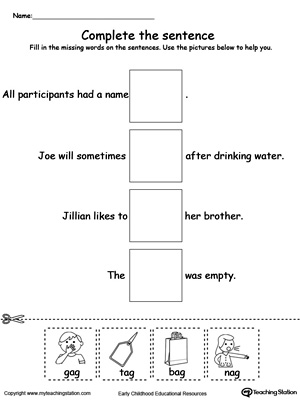 Complete the AG Word Family sentence in this printable worksheet.