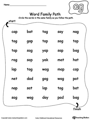 Find and circle words in this AG Word Family path printable worksheet.
