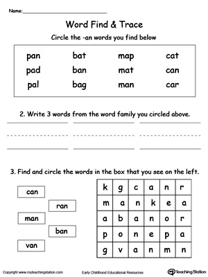 Find and trace words in this AN Word Family printable worksheet.