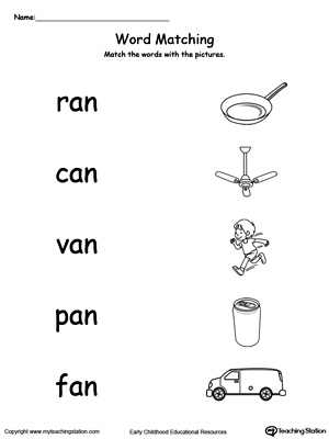 AN Word Family Picture and Word Match. Identifying words ending in  –AN by matching the words with each picture.