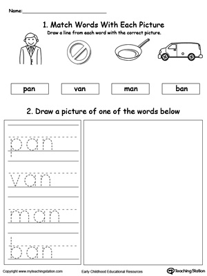 Practice tracing, drawing and recognizing the sounds of the letters AN in this Word Family printable.
