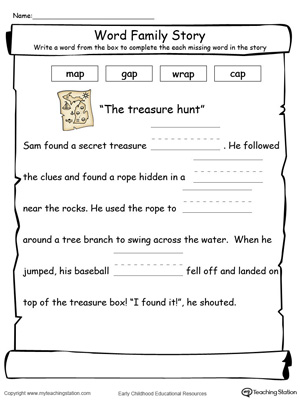 Practice writing by completing the sentence with the missing words in this AP word family story printable worksheet.