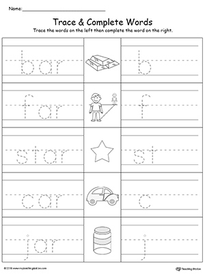 Trace then write the words themselves in this AR Word Family Trace and Write printable worksheet.