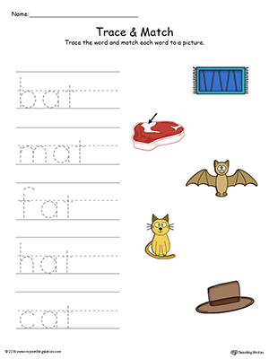 Match word with pictures in this AT Word Family printable worksheet in color.