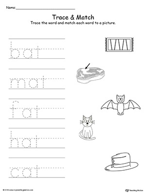 Write short words and identify sounds in this AT Word Family printable worksheet.
