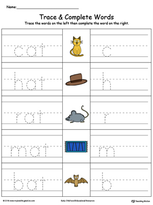Trace then write the words themselves in this AT Word Family Trace and Write in Color printable worksheet.