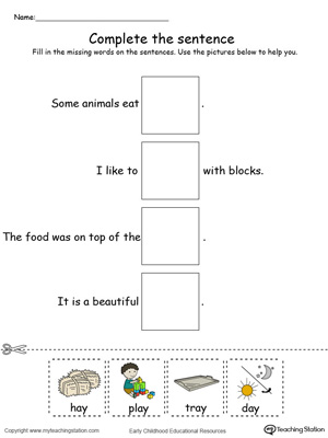 Identify the words and complete the AY Word Family sentence in this printable worksheet in color.