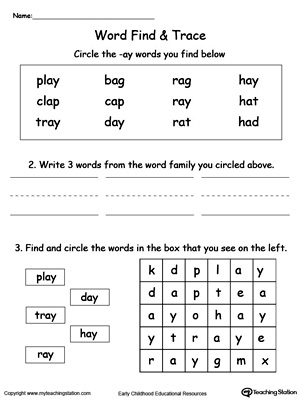 Find and trace words in this AY Word Family printable worksheet.