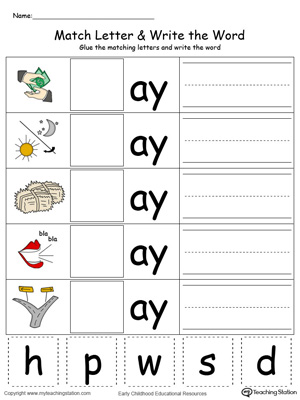 Place the missing letter in this beginning sound AY Word Family printable worksheet in color.