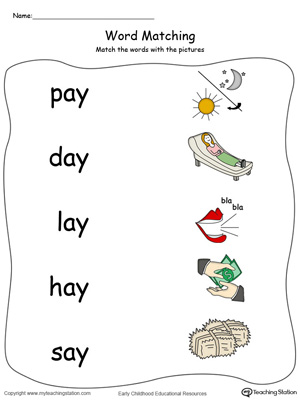 AY Word Family Picture and Word Match in Color. Identifying words ending in  –AY by matching the words with each picture.