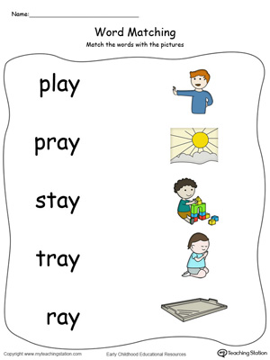 AY Word Family Picture Match in Color. Identifying words ending in  –AY by matching the words with each picture.