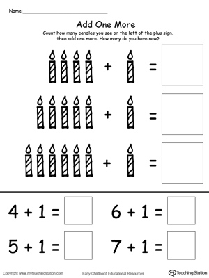 Learn addition by simply adding one more to the group of candles in this math printable worksheet.