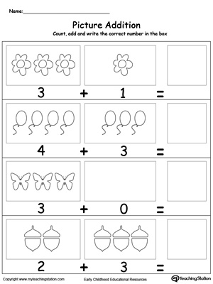 Learn addition by counting the pictures with this adding numbers with pictures printable worksheet.