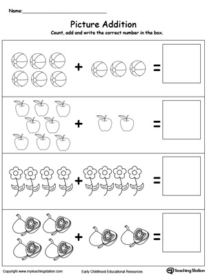 kindergarten addition printable worksheets myteachingstation com