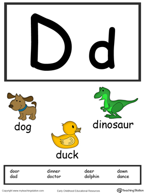 Recognize the letters and sounds at the beginning of words with Letter D Printable Alphabet Flash Cards.