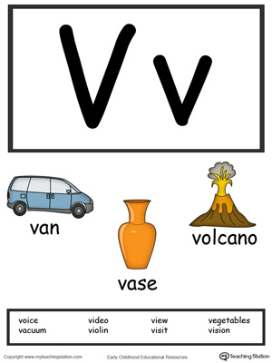 Recognize the letters and sounds at the beginning of words with Letter V Printable Alphabet Flash Cards.