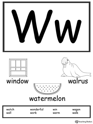 Letter W Printable Alphabet Flash Cards for Preschoolers