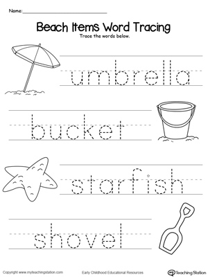 Beach Items Word Tracing