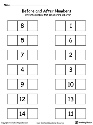 Practice identifying what numbers comes before and what number comes after 0-15 in this printable math worksheet.