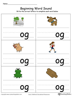 Learn sounds and letters at the beginning of words with this OG Word Family printable worksheet in color.