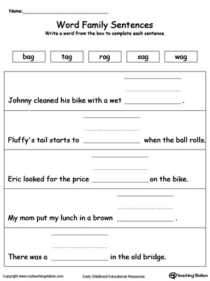 Use this printable worksheet to build sentences using words in the AG Word Family. Browse more word family worksheets.
