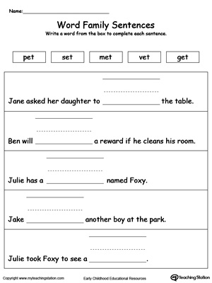 Use this printable worksheet to build sentences using words in the ET Word Family. Browse more word family worksheets.