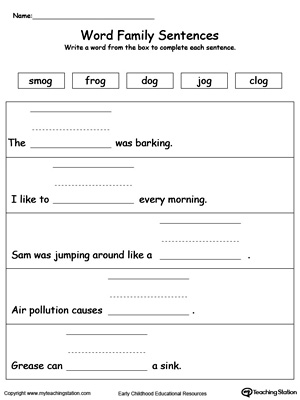 Use this printable worksheet to build sentences using words in the OG Word Family. Browse more word family worksheets.