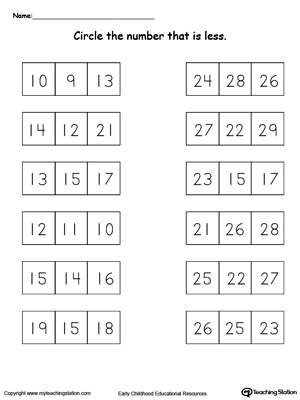 Compare and identify numbers that are less than other numbers 10-30 in this math printable worksheets for kindergarten.