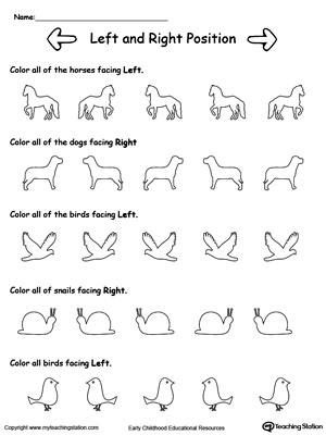 Color and determine the left and right directional position in this printable worksheet for preschool and kindergarten.