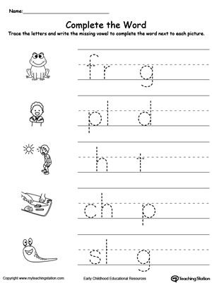 Missing vowel reading and writing worksheets for letters: O, E, U
