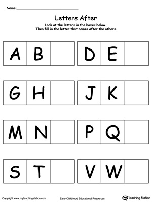 Practice before and after alphabet letters by identifying what letter comes after in this printable worksheet.