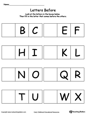 Practice before and after alphabet letters by identifying what letter comes before in this printable worksheet.