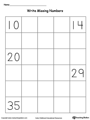 Practice writing and number sequence by completing the missing numbers 10-39 in this printable worksheet.