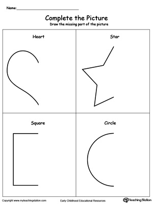 Complete the Picture: Draw a Heart, Star, Square and Circle