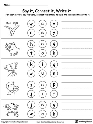 Connect Letters to Make a Word: AG, AY, IP, IN, OG Words