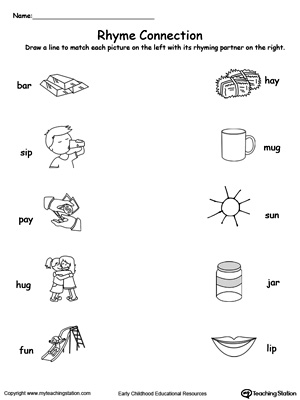 Teach Rhyming in kindergarten by connecting pictures with words ending in AR, IP, AY, UG or UN