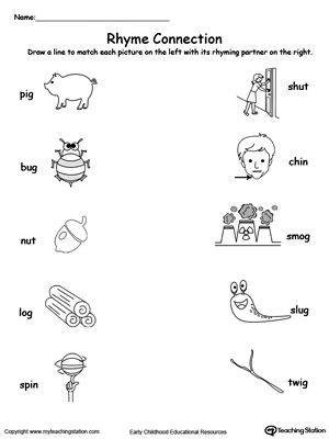 Teach Rhyming in kindergarten by connecting pictures with words ending in IG, UG, UT, OG or IN