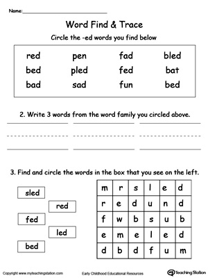 Find and trace words in this ED Word Family printable worksheet.