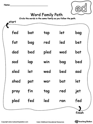 Find and circle words in this ED Word Family path printable worksheet.