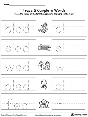 Trace then write the words themselves in this ED Word Family Trace and Write printable worksheet.